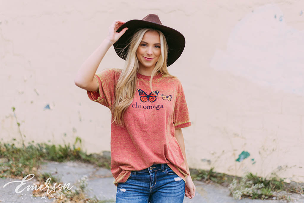 Chi Omega Distressed Butterfly PR Tshirt