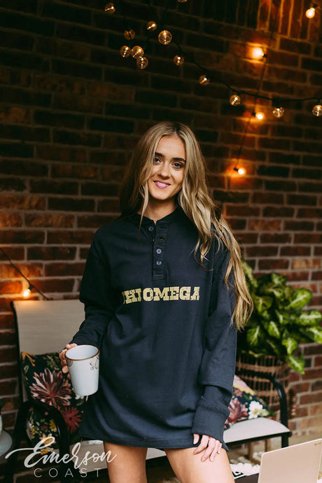 Chi Omega Navy Long Sleeve Henley