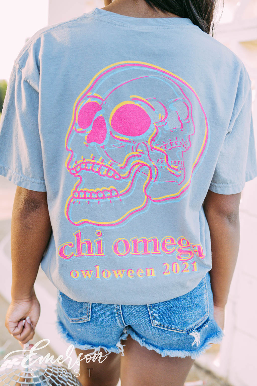 Chi Omega Owloween Colorful Skull Tee