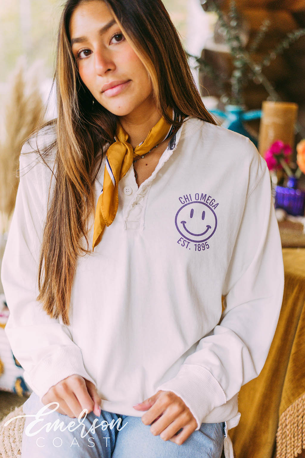 Chi O Smiley Face Thermal Long Sleeve Henley - Emerson Coast