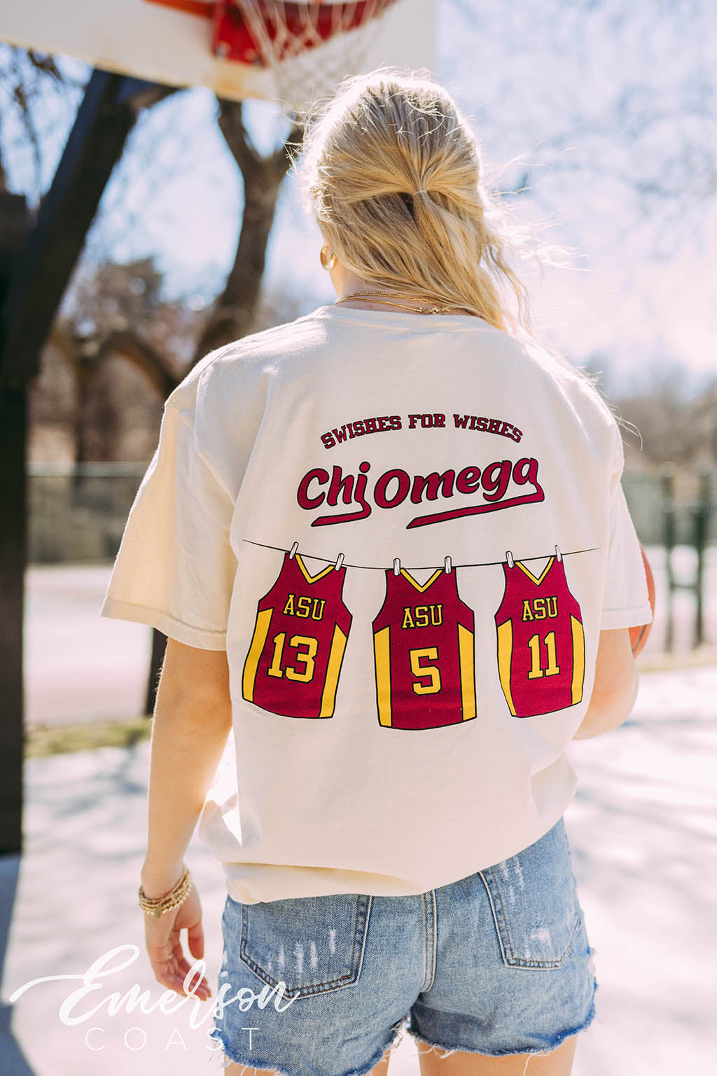 Chi Omega Swishes for Wishes Basketball Jersey Tee - Emerson Coast