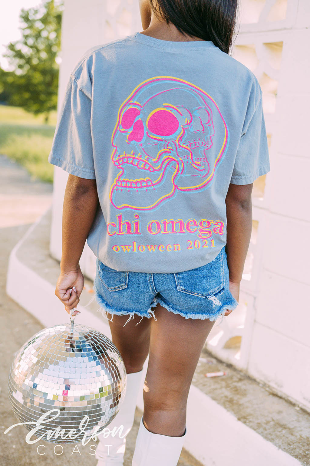 Chi Omega Owloween Colorful Skull Tee