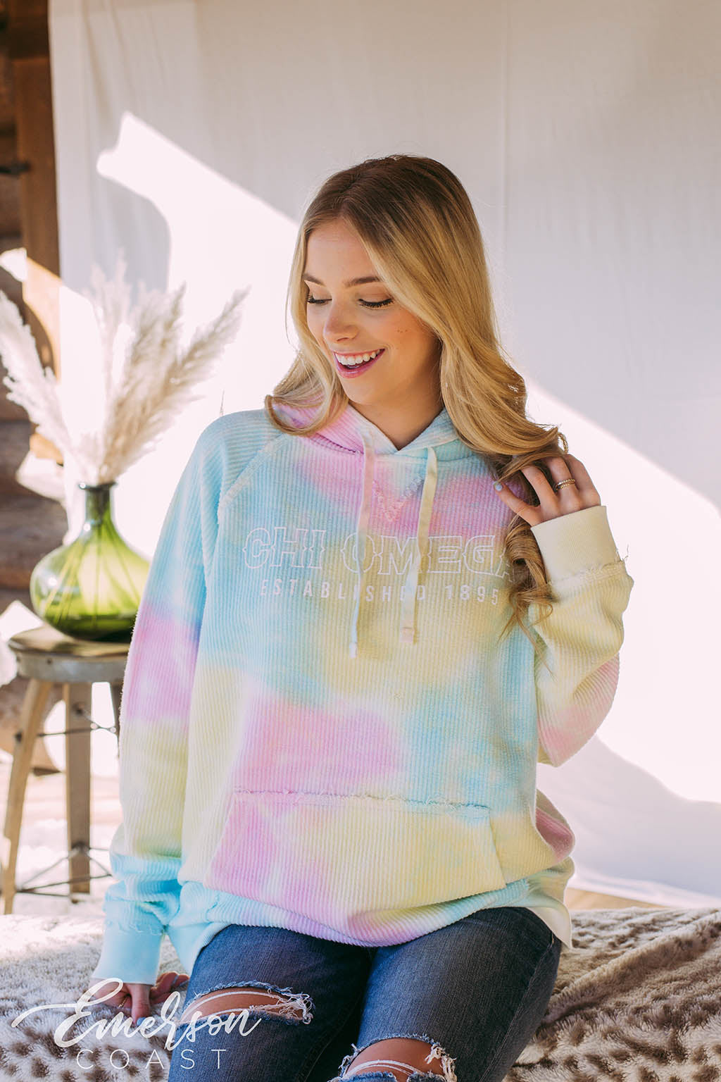 Chi Omega Tie Dye Corduroy Hoodie
