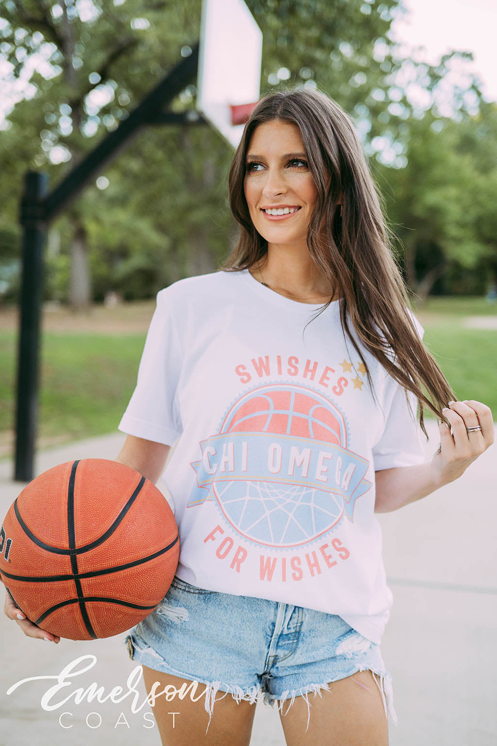 Chi Omega Philanthropy Swishes For Wishes Basketball Tee