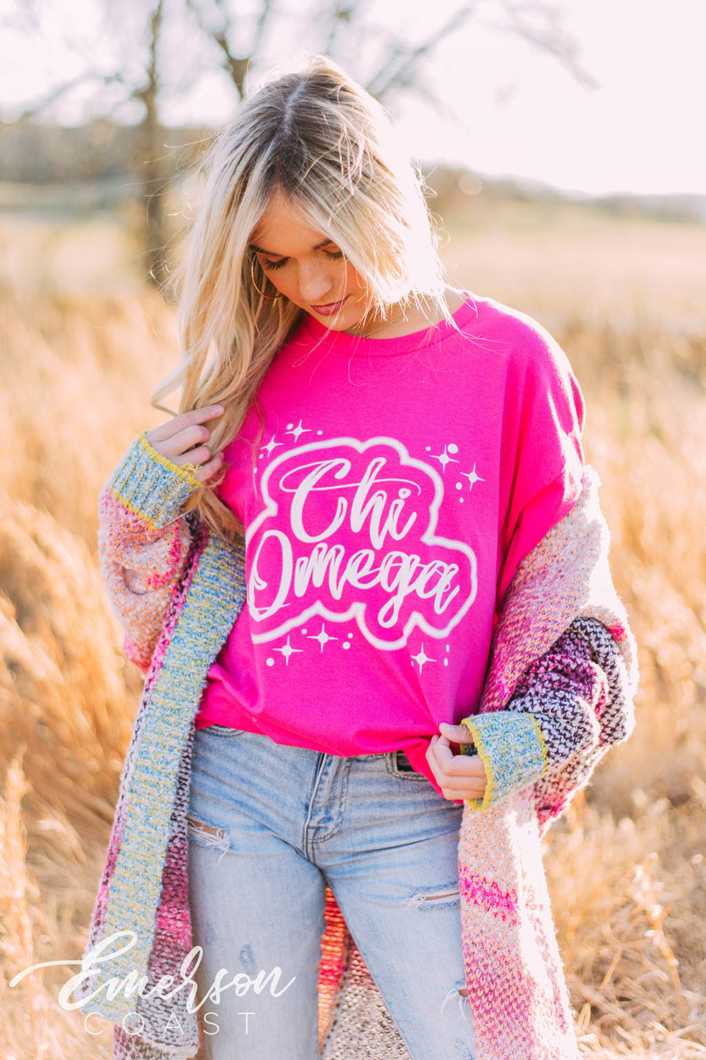Chi Omega Airbrush Hot Pink Tee