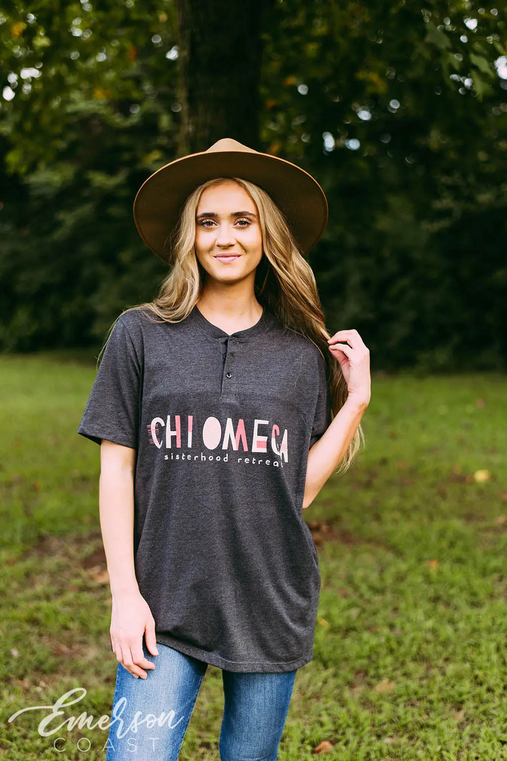 Chi Omega Sisterhood Retreat Short Sleeve Henley