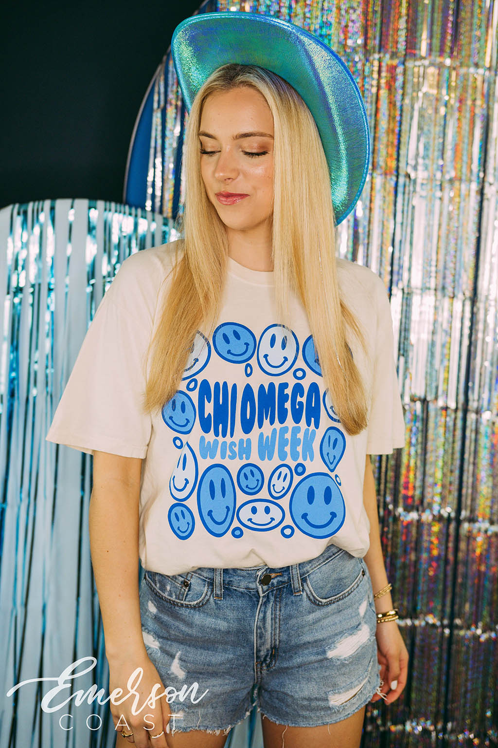 Chi Omega Blue Smileys Wish Week Tee