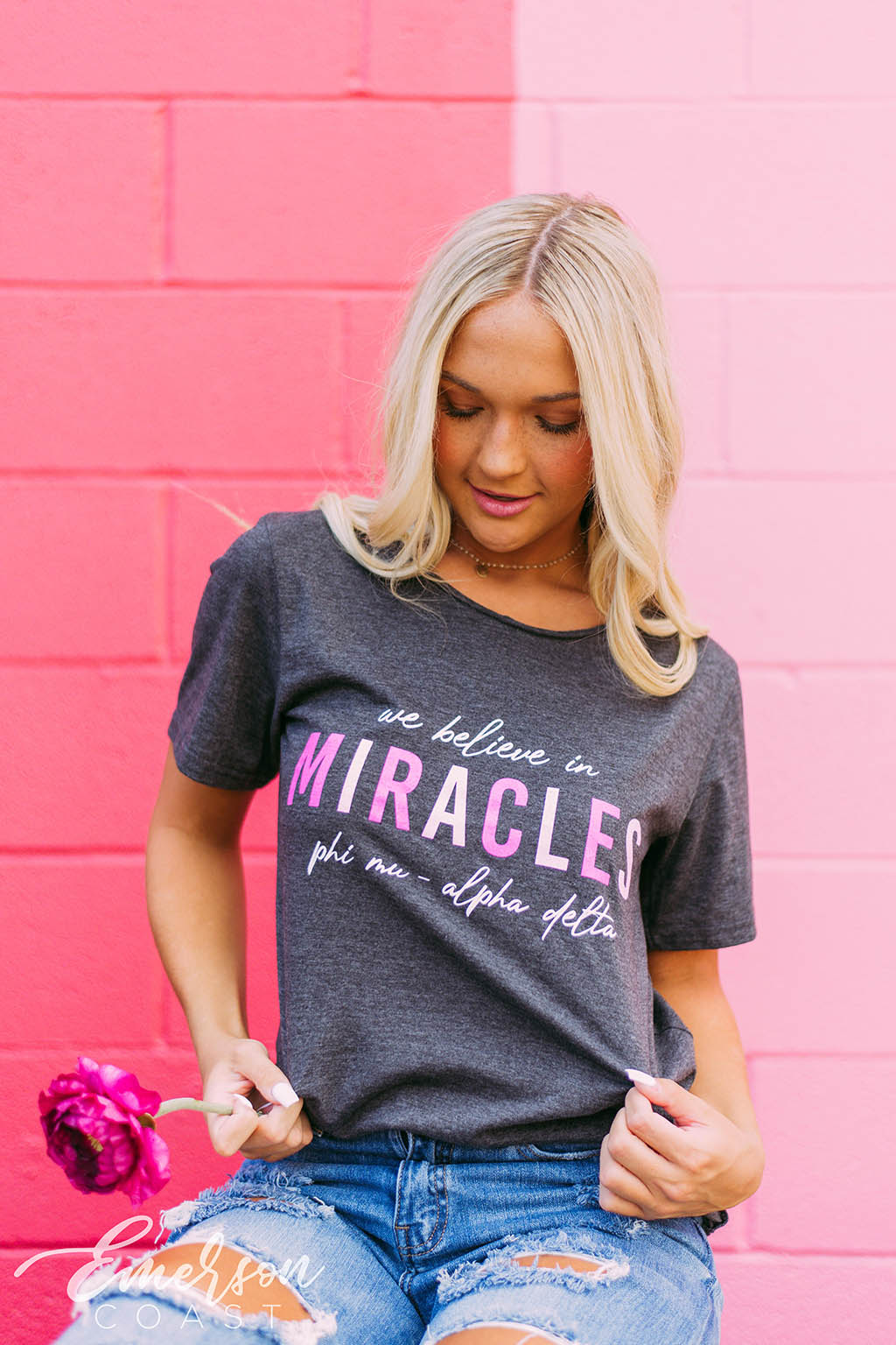 Phi Mu We Believe In Miracles Raw Neck Tee