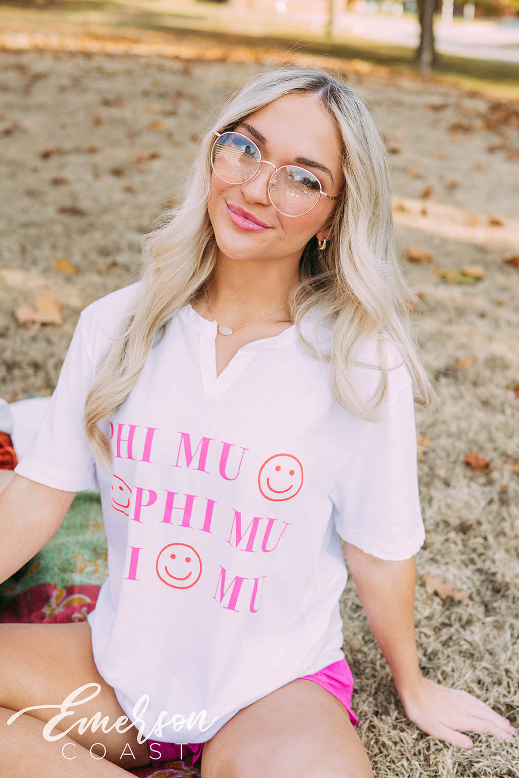 Phi Mu PR Smiley Face Notch Tee