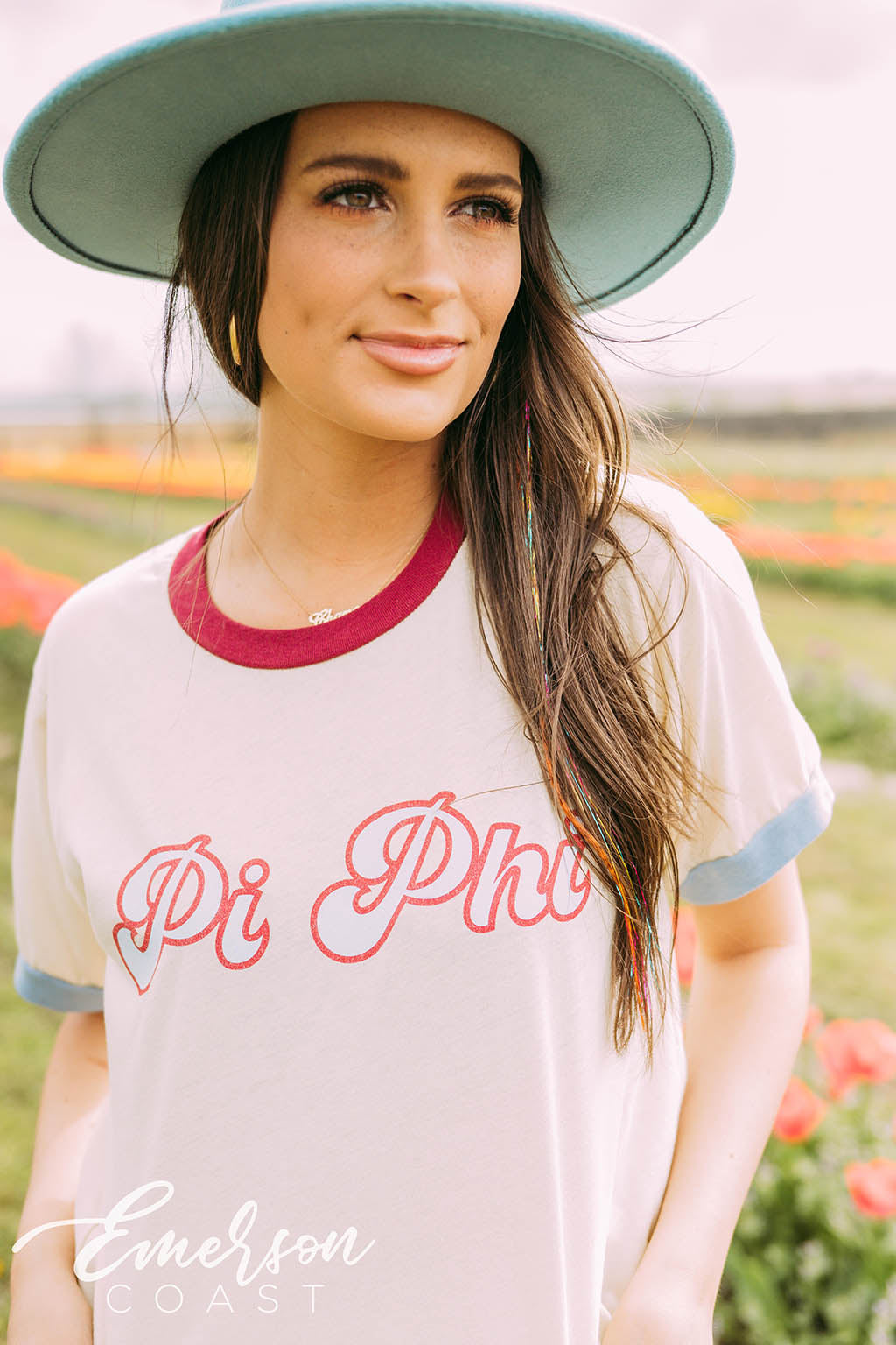 Pi Phi Maroon and Blue Colorblock Ringer Tee