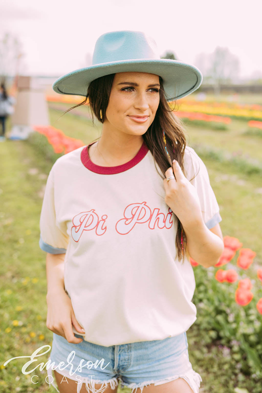 Pi Phi Maroon and Blue Colorblock Ringer Tee