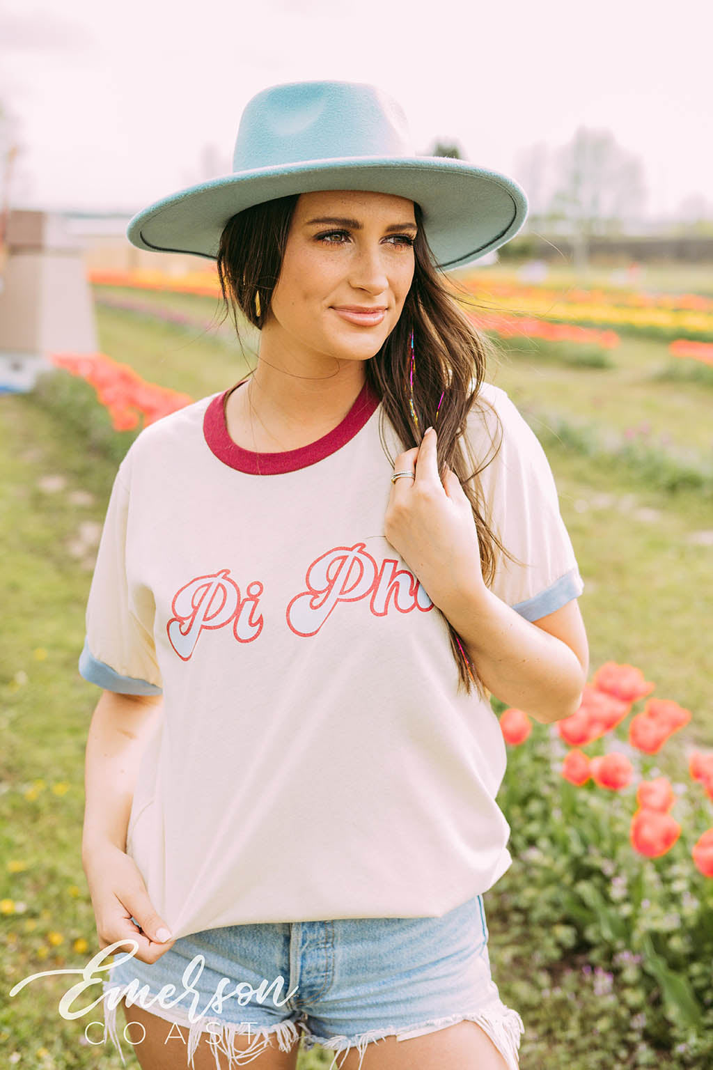 Pi Phi Maroon and Blue Colorblock Ringer Tee
