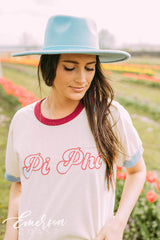 Pi Phi Maroon and Blue Colorblock Ringer Tee