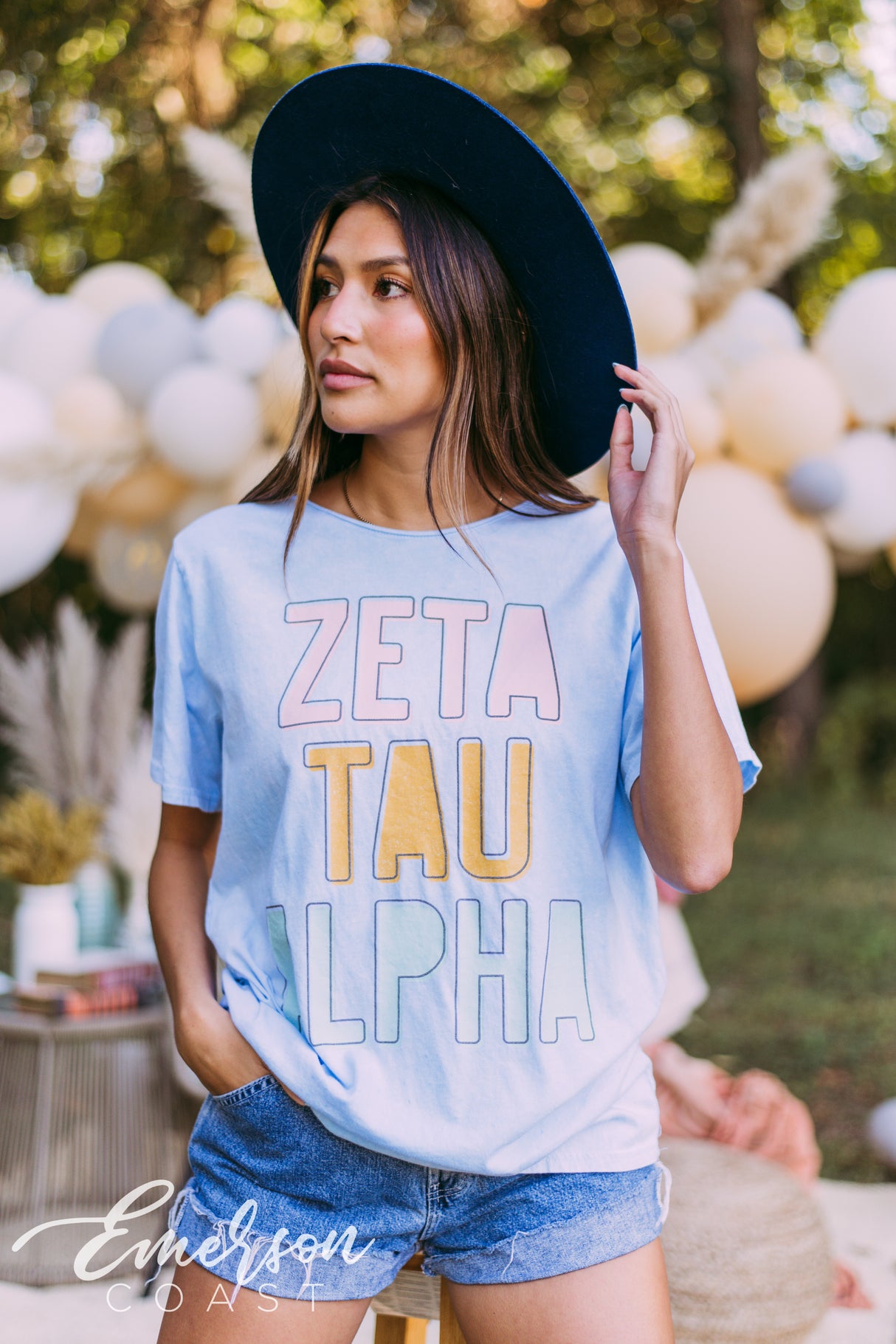 Zeta Tau Alpha Blue Mineral Wash Raw Neck Tee