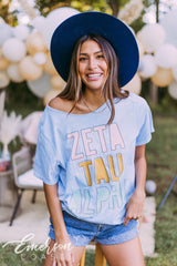 Zeta Tau Alpha Blue Mineral Wash Raw Neck Tee