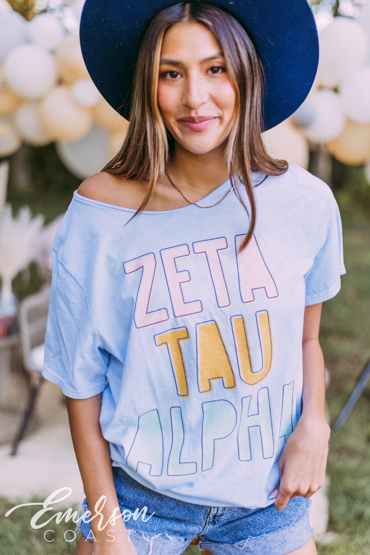 Zeta Tau Alpha Blue Mineral Wash Raw Neck Tee