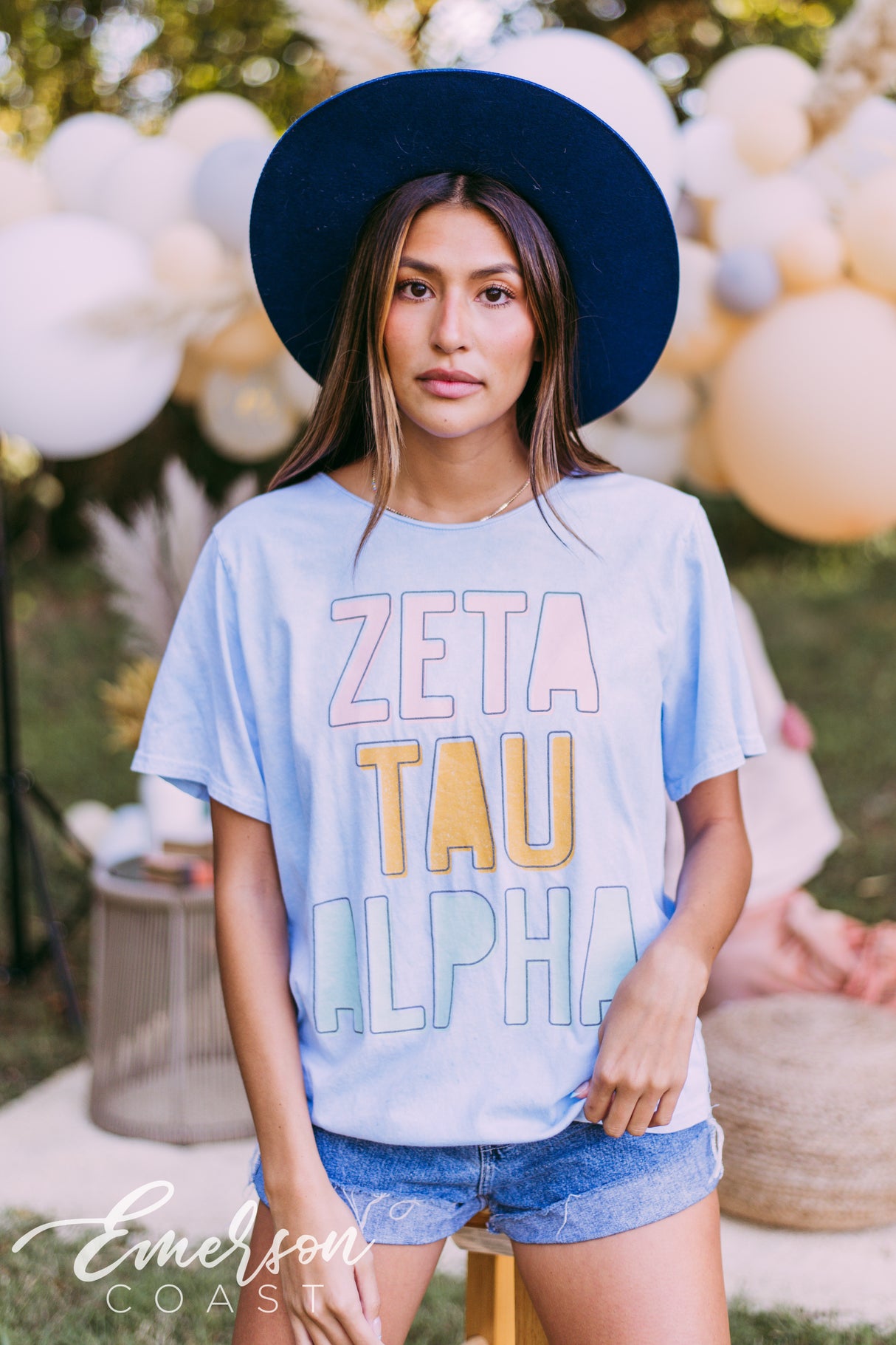 Zeta Tau Alpha Blue Mineral Wash Raw Neck Tee
