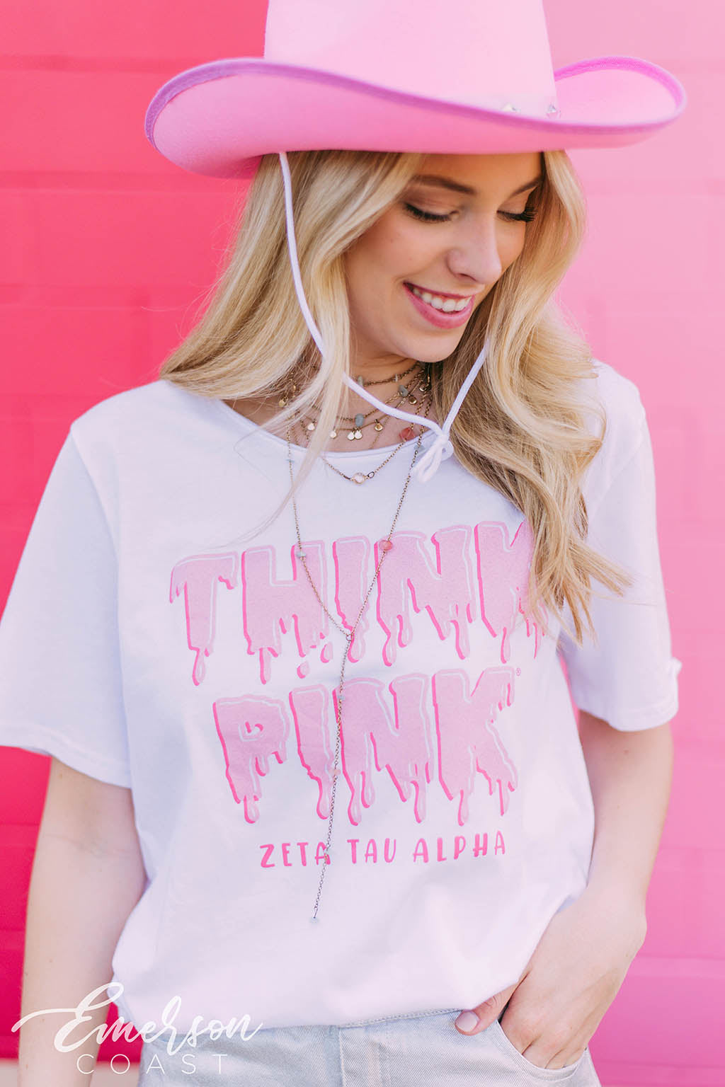 Zeta Tau Alpha Drip Letters Think Pink Philanthropy T-shirt